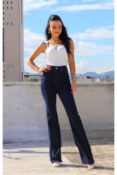 Flare Jeans Koyu Mavi Solmaz Ispanyol Yüksek Bel