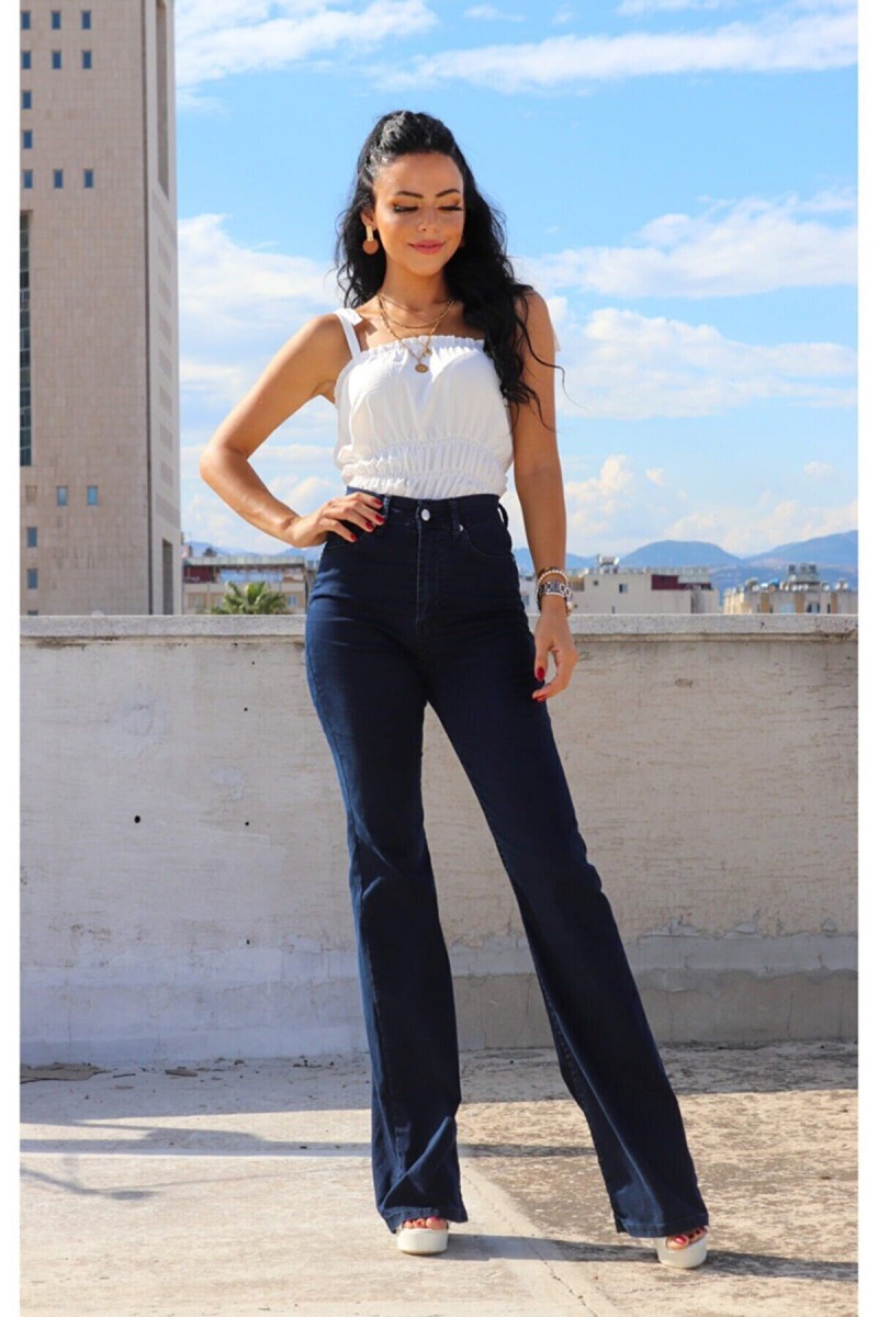 Flare Jeans Koyu Mavi Solmaz Ispanyol Yüksek Bel Flare Jeans Koyu Mavi Solmaz Ispanyol Yüksek Bel