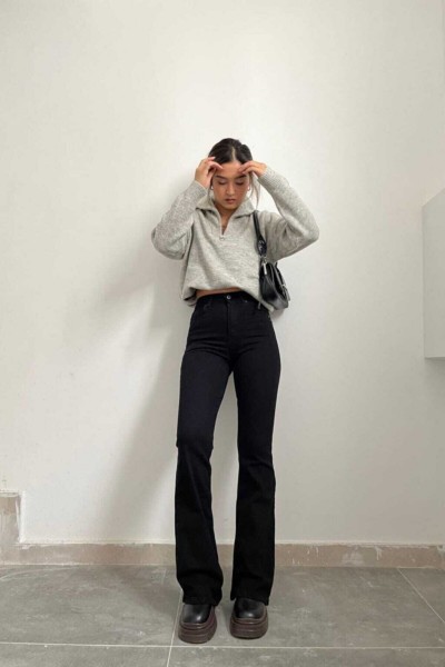 Flare Jeans Siyah Solmaz Ispanyol Yüksek Bel