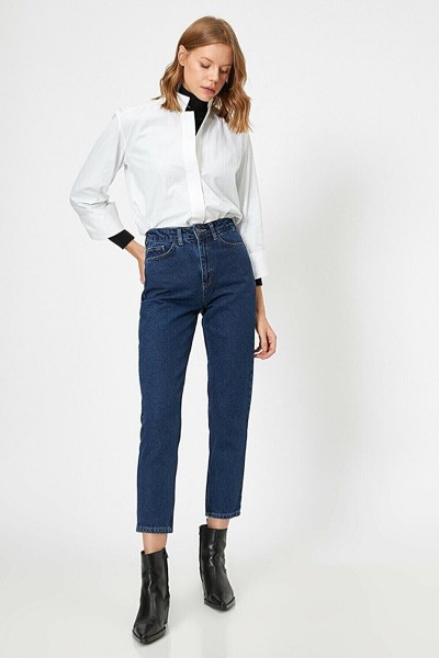 Koyu Mavi Yüksek Bel Likralı  Mom Jeans