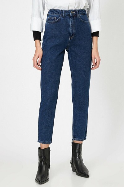 Koyu Mavi Yüksek Bel Likralı  Mom Jeans