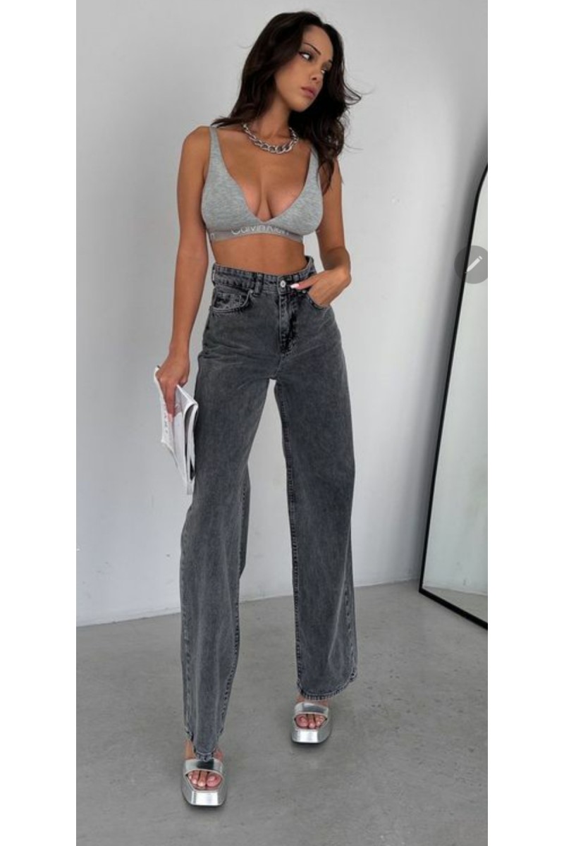 All Blue Salaş Likralı Kadın Füme Kar Süper Yüksek Bel Salaş Paça Denim Kot Palazzo Pantolon