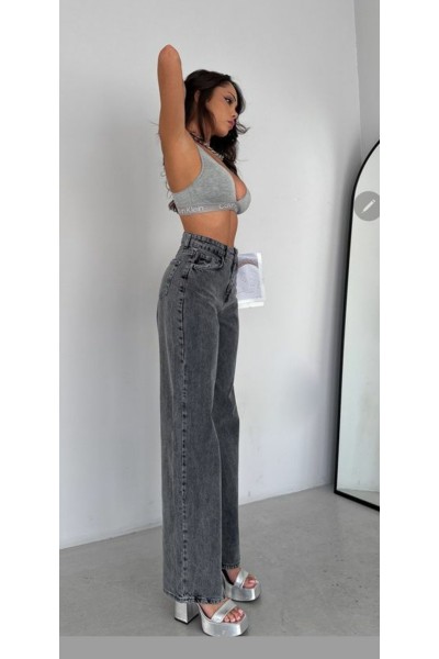 All Blue Salaş Likralı Kadın Füme Kar Süper Yüksek Bel Salaş Paça Denim Kot Palazzo Pantolon