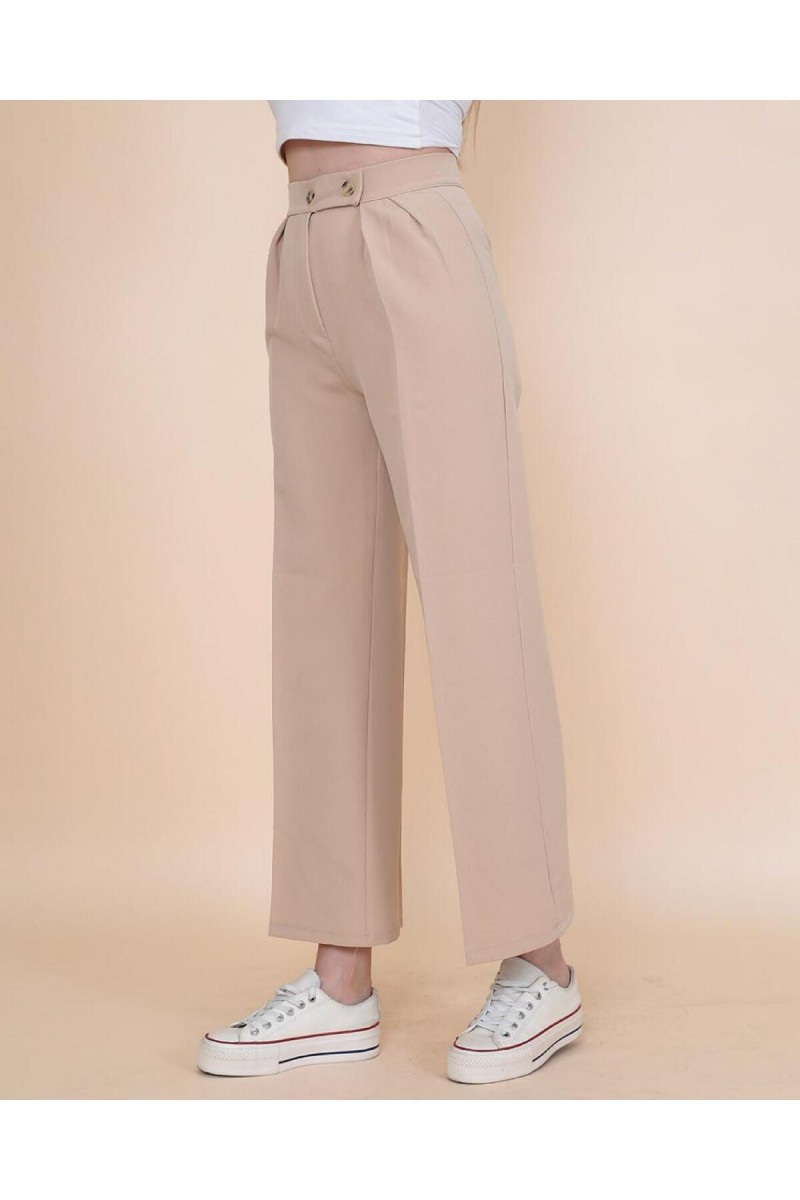 Rosse Gold Bej Çift Düğmeli Kadın Salaş Kumaş 90's Süper Yüksek Salaş Paç Palazzo Pantolon