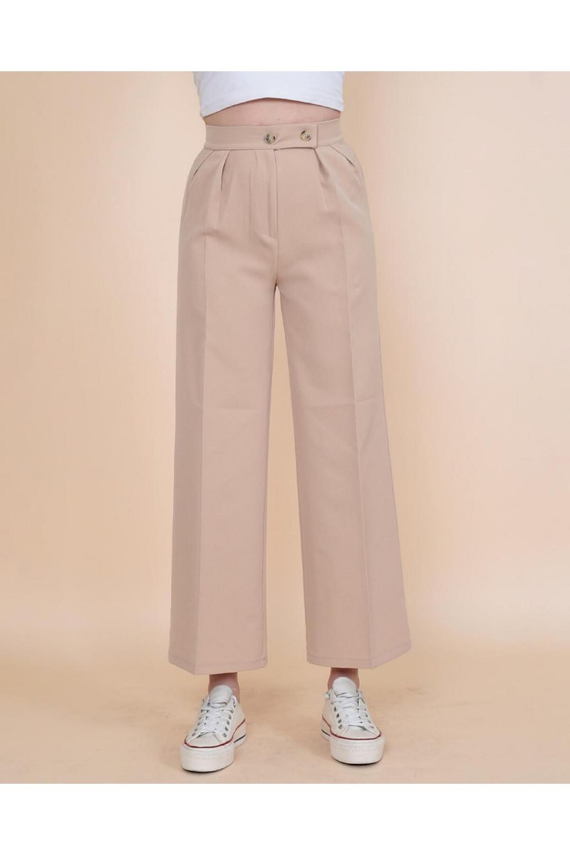 Rosse Gold Bej Çift Düğmeli Kadın Salaş Kumaş 90's Süper Yüksek Salaş Paç Palazzo Pantolon