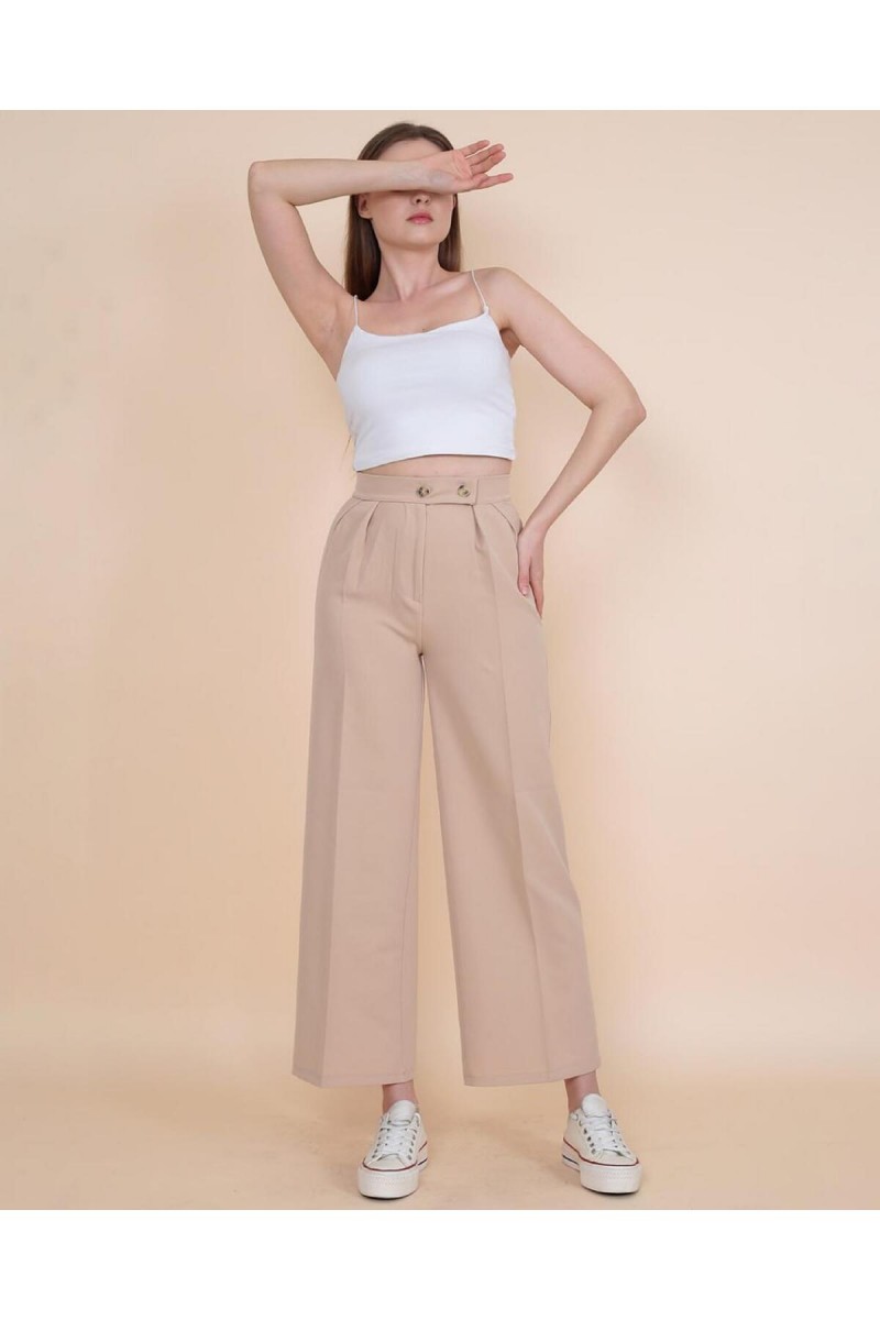 Rosse Gold Bej Çift Düğmeli Kadın Salaş Kumaş 90's Süper Yüksek Salaş Paç Palazzo Pantolon