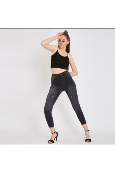 E.x.t.r.a Antrasit Tırnaklı Yüksek Bel Jeans Pantolon Solmaz Siyah Jeans(TOPARLAYICI)