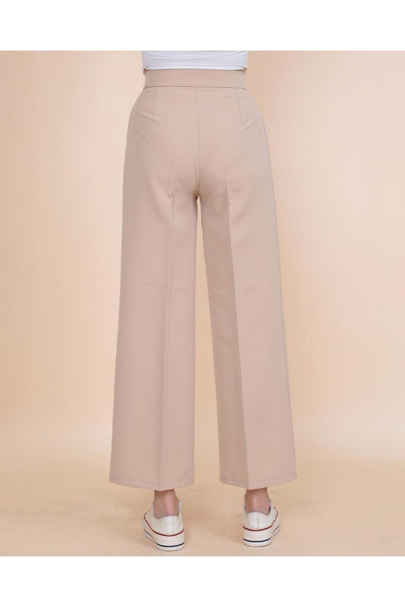 Gold Bej Çift Düğmeli Kadın Salaş Kumaş 90's Süper Yüksek Salaş Paç Palazzo Pantolon