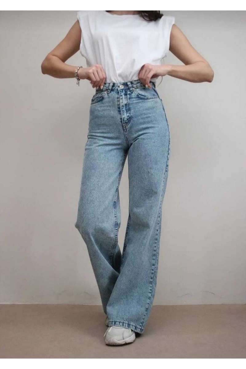 Afel Açık Mavi Kar Yıkama Likralı Süper Yüksek Bel Salaş Paça Denim Palazzo Pantolon