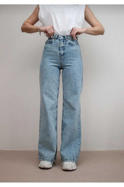 Afel Açık Mavi Kar Yıkama Likralı Süper Yüksek Bel Salaş Paça Denim Palazzo Pantolon