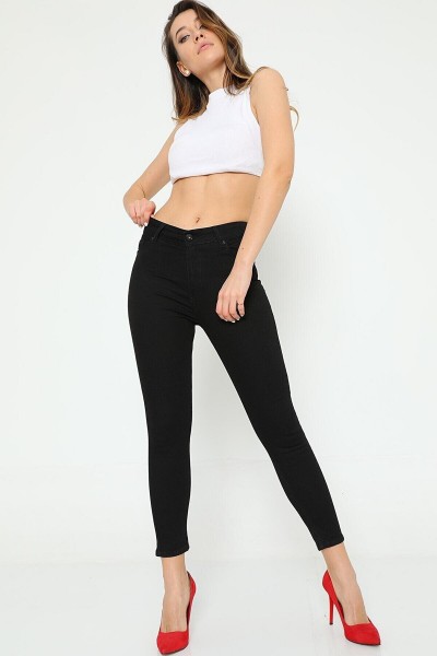 Dar Paça Skinny Yüksel Bel Siyah Kadın Bilek Boy Likralı Kot