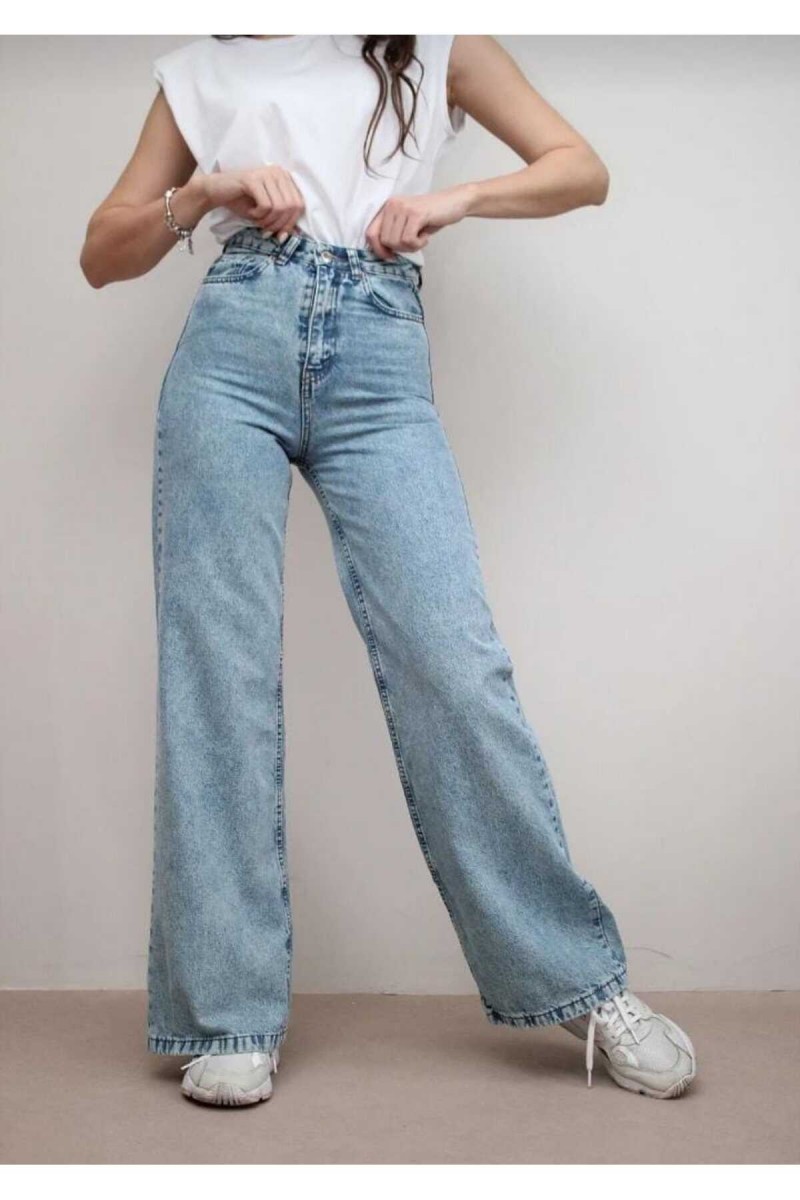 Afel Açık Mavi Kar Yıkama Likralı Süper Yüksek Bel Salaş Paça Denim Palazzo Pantolon