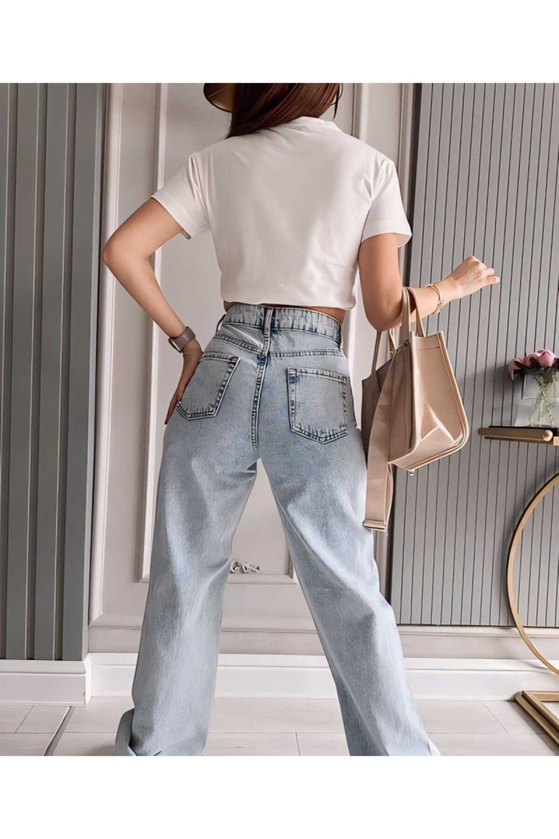 Afet Açık Mavi Kar Yıkama Likralı Süper Yüksek Bel Salaş Paça Denim Palazzo Pantolon