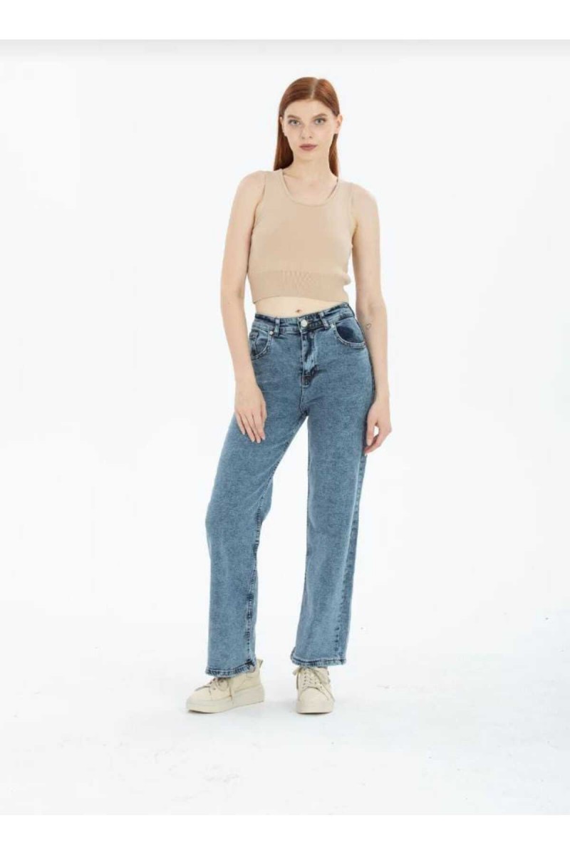 Cyrus Orta Mavi Kar Yıkama Likralı Süper Yüksek Bel Salaş Paça Denim Palazzo Pantolon