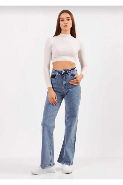 Grant Orta Mavi Kar Yıkama Likralı Süper Yüksek Bel Salaş Paça Denim Palazzo Pantolon