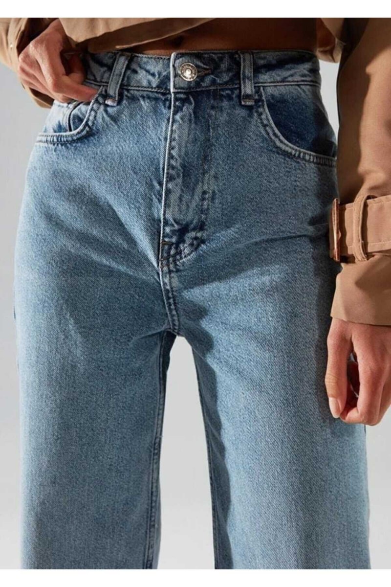 Conroy Orta Mavi Kar Yıkama Likralı Süper Yüksek Bel Salaş Paça Denim Palazzo Pantolon