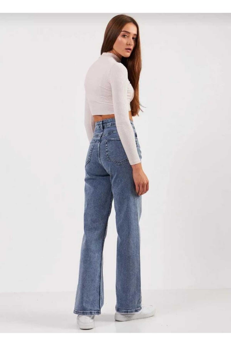 Grant Orta Mavi Kar Yıkama Likralı Süper Yüksek Bel Salaş Paça Denim Palazzo Pantolon