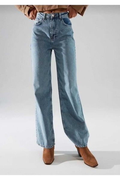 Connell Orta Mavi Kar Yıkama Likralı Süper Yüksek Bel Salaş Paça Denim Palazzo Pantolon