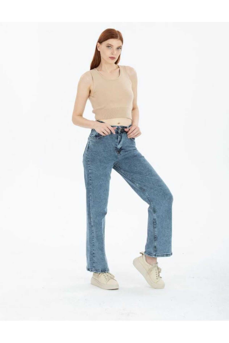 Cyrus Orta Mavi Kar Yıkama Likralı Süper Yüksek Bel Salaş Paça Denim Palazzo Pantolon