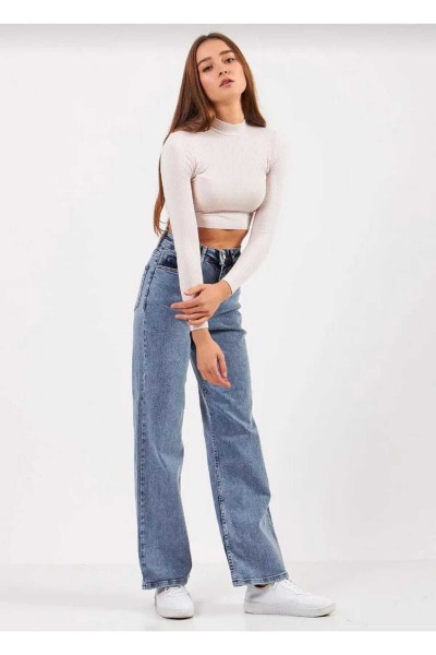 Dustin Orta Mavi Kar Yıkama Likralı Süper Yüksek Bel Salaş Paça Denim Palazzo Pantolon