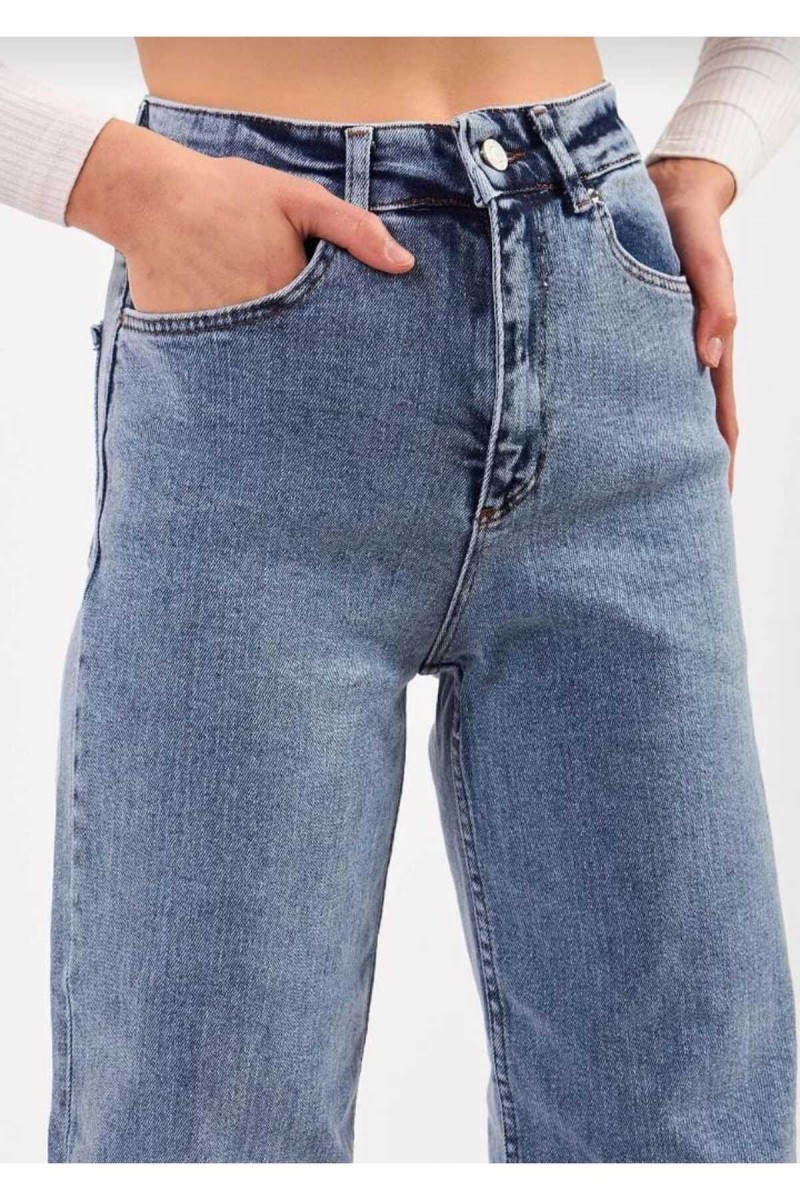 Dustin Orta Mavi Kar Yıkama Likralı Süper Yüksek Bel Salaş Paça Denim Palazzo Pantolon