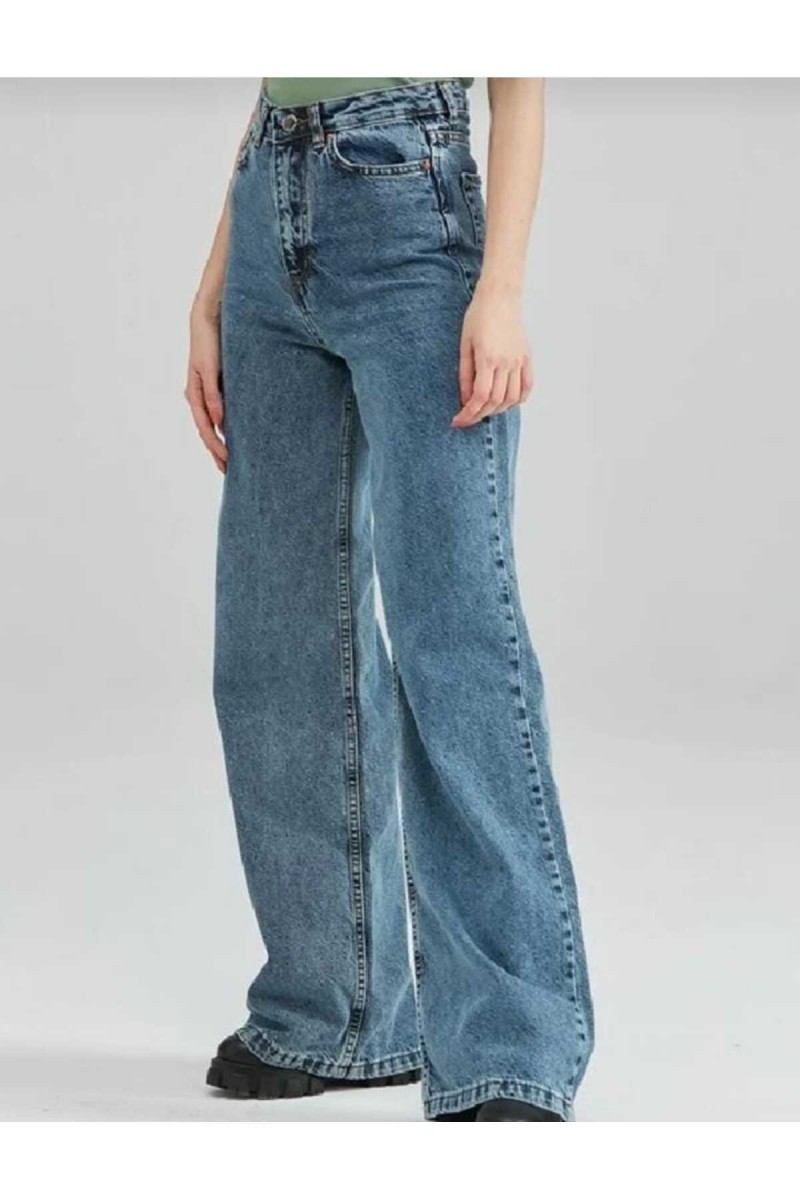 Austin Orta Mavi Kar Yıkama Likralı Süper Yüksek Bel Salaş Paça Denim Palazzo Pantolon