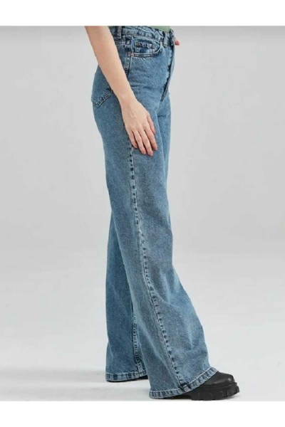 Alfie Orta Mavi Kar Yıkama Likralı Süper Yüksek Bel Salaş Paça Denim Palazzo Pantolon