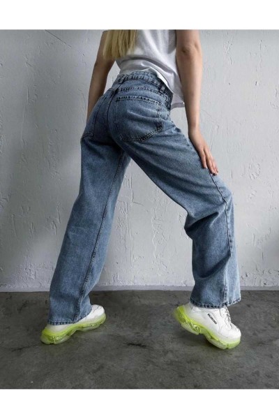 Felix Orta Mavi Kar Yıkama Likralı Süper Yüksek Bel Salaş Paça Denim Palazzo Pantolon