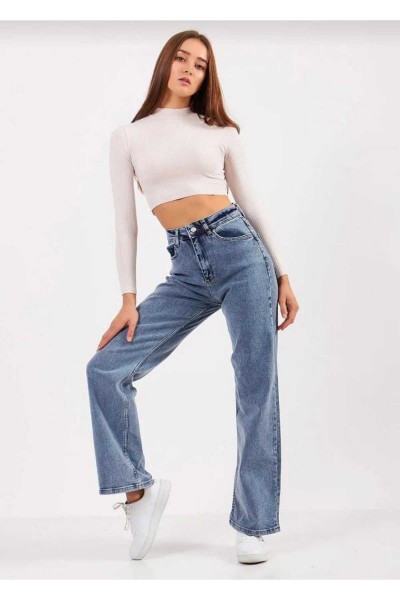 Dustin Orta Mavi Kar Yıkama Likralı Süper Yüksek Bel Salaş Paça Denim Palazzo Pantolon