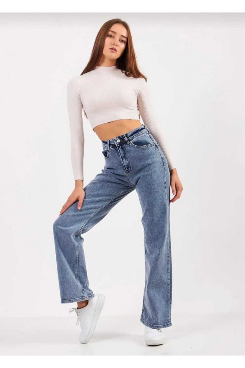 Dustin Orta Mavi Kar Yıkama Likralı Süper Yüksek Bel Salaş Paça Denim Palazzo Pantolon