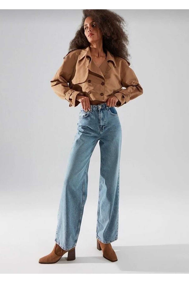 Conroy Orta Mavi Kar Yıkama Likralı Süper Yüksek Bel Salaş Paça Denim Palazzo Pantolon