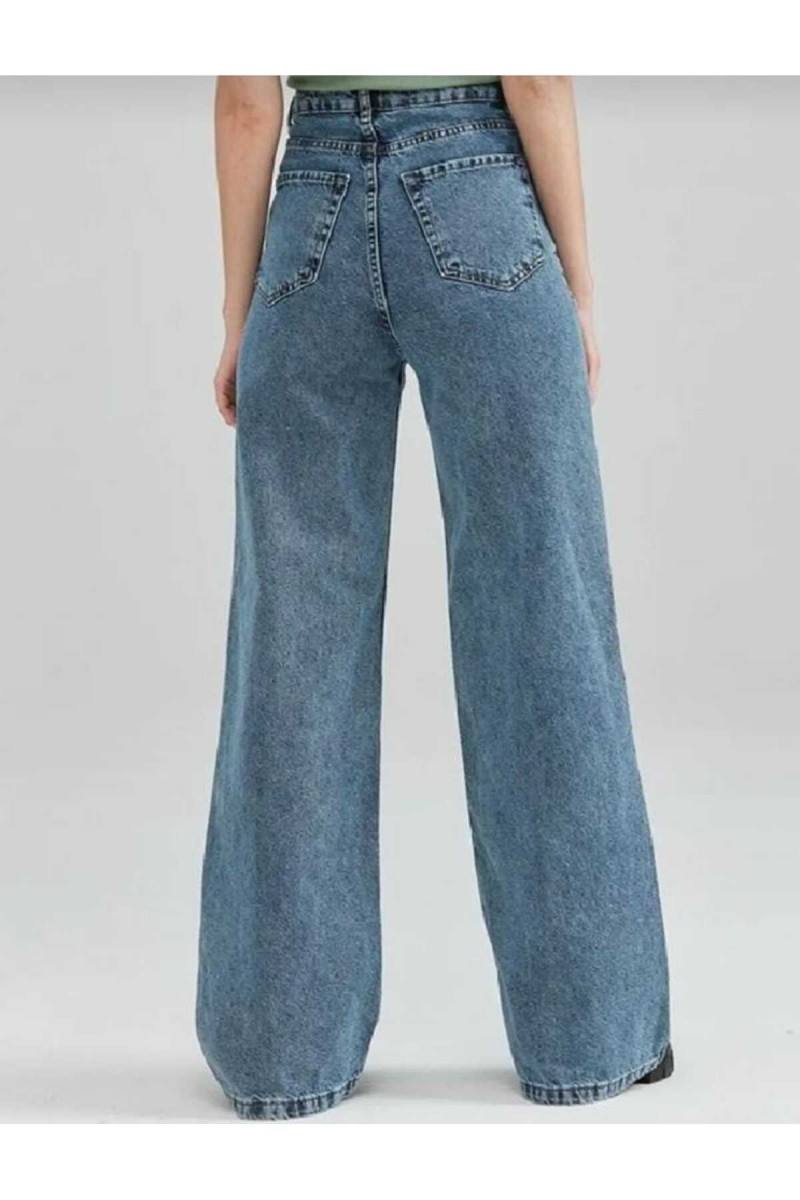 Austin Orta Mavi Kar Yıkama Likralı Süper Yüksek Bel Salaş Paça Denim Palazzo Pantolon