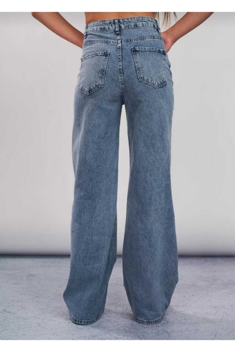 Hardy Orta Mavi Kar Yıkama Likralı Süper Yüksek Bel Salaş Paça Denim Palazzo Pantolon