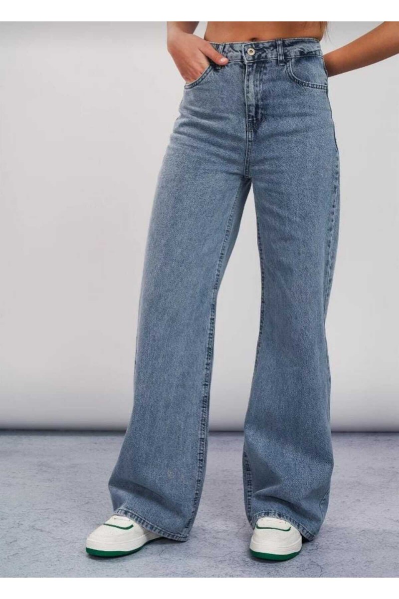 Hardy Orta Mavi Kar Yıkama Likralı Süper Yüksek Bel Salaş Paça Denim Palazzo Pantolon