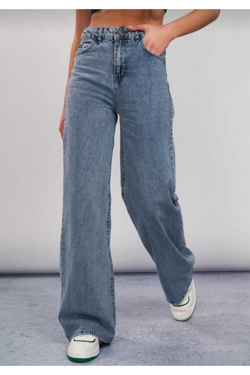 Hardy Orta Mavi Kar Yıkama Likralı Süper Yüksek Bel Salaş Paça Denim Palazzo Pantolon