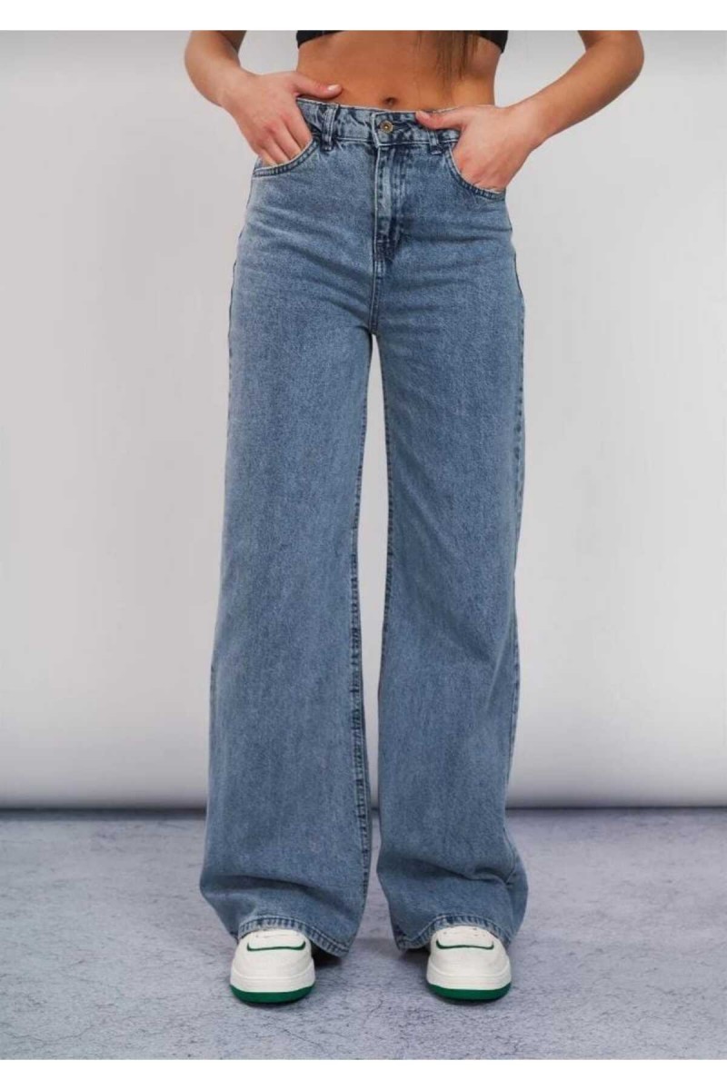 Hardy Orta Mavi Kar Yıkama Likralı Süper Yüksek Bel Salaş Paça Denim Palazzo Pantolon