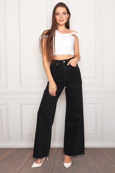Solmaz Siyah Süper Yüksek Bel Salaş Jean Palazzo Pantolon( Süper Yüksek ) Wide Leg.