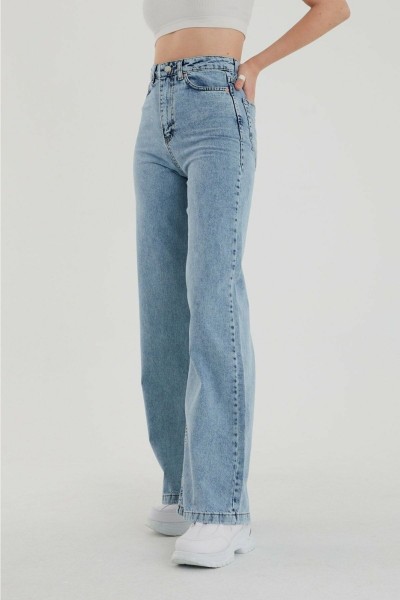 90 s Kar Yıkama Mavi Likralı Süper Yüksek Bel Salaş Jeans Palazzo Pantolon