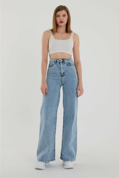 90 s Kar Yıkama Mavi Likralı Süper Yüksek Bel Salaş Jeans Palazzo Pantolon