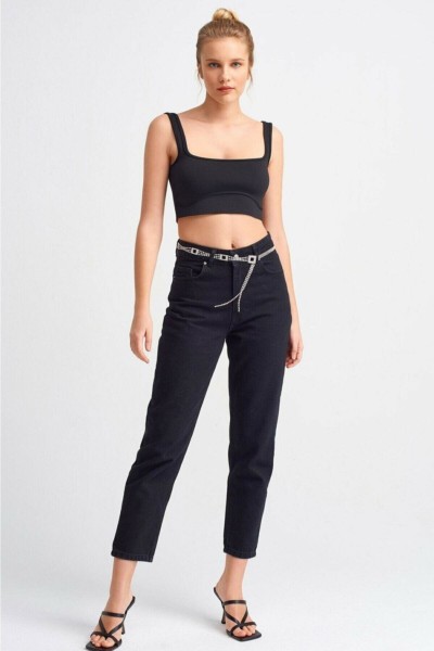 Süper Power Likralı Jeans Siyah Yüksek Bel Mom Jeans