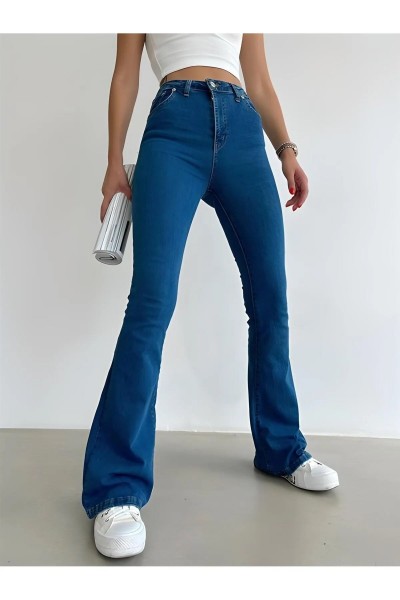 Tess Indigo Ispanyol Orta Mavi Likralı Ispanyol Jeans ( Extra Rahat )