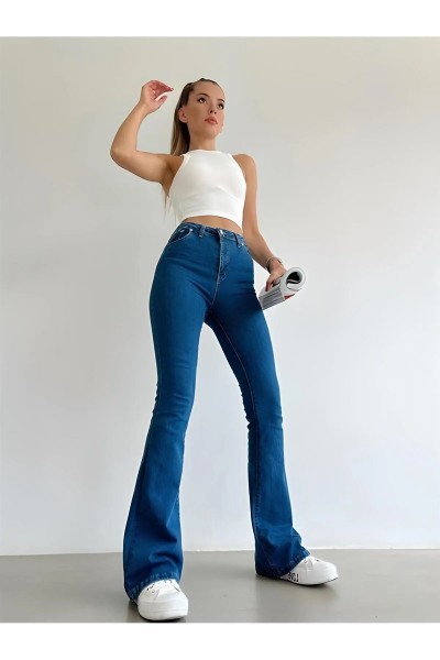 Tess Indigo Ispanyol Orta Mavi Likralı Ispanyol Jeans ( Extra Rahat )