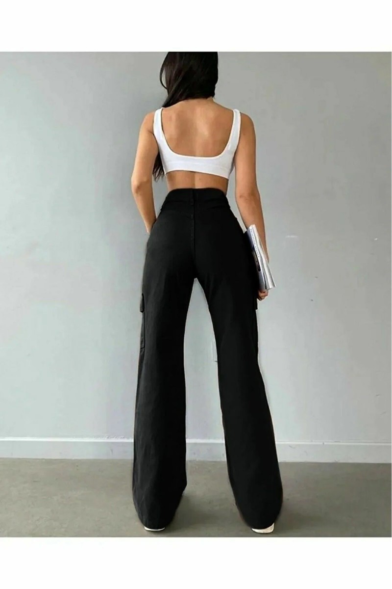 Dora Siyah Solmaz Likralı Arka Cepsiz Model Kargo Palazzo Pantolon