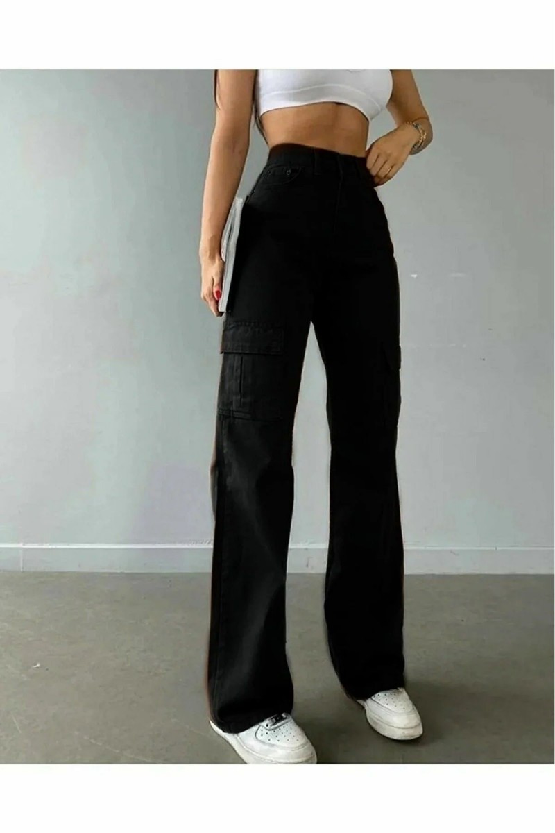 Dora Siyah Solmaz Likralı Arka Cepsiz Model Kargo Palazzo Pantolon