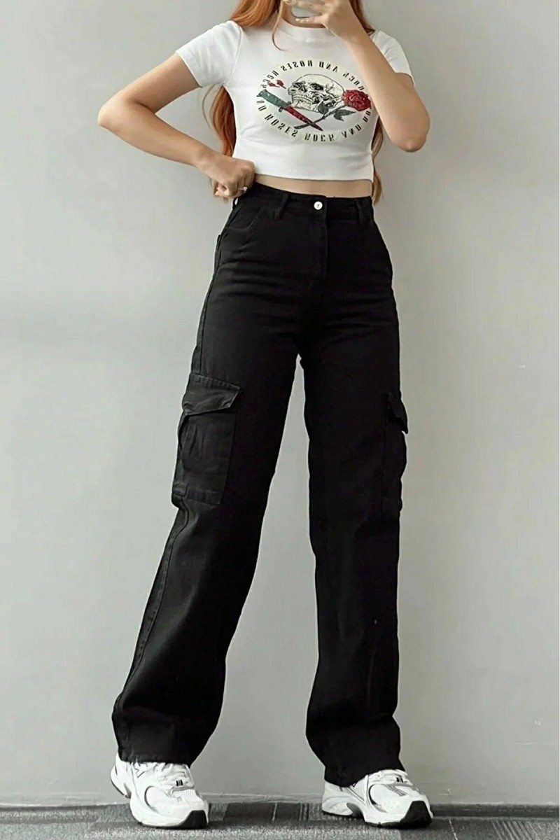 Dora Siyah Solmaz Likralı Arka Cepsiz Model Kargo Palazzo Pantolon