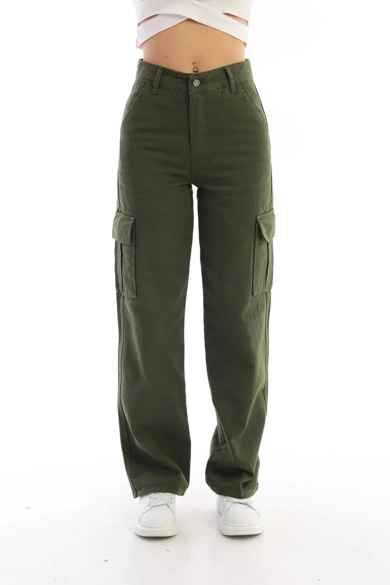 Kadın Haki Solmaz Likralı Arka Cepsiz Model Kargo Palazzo Pantolon