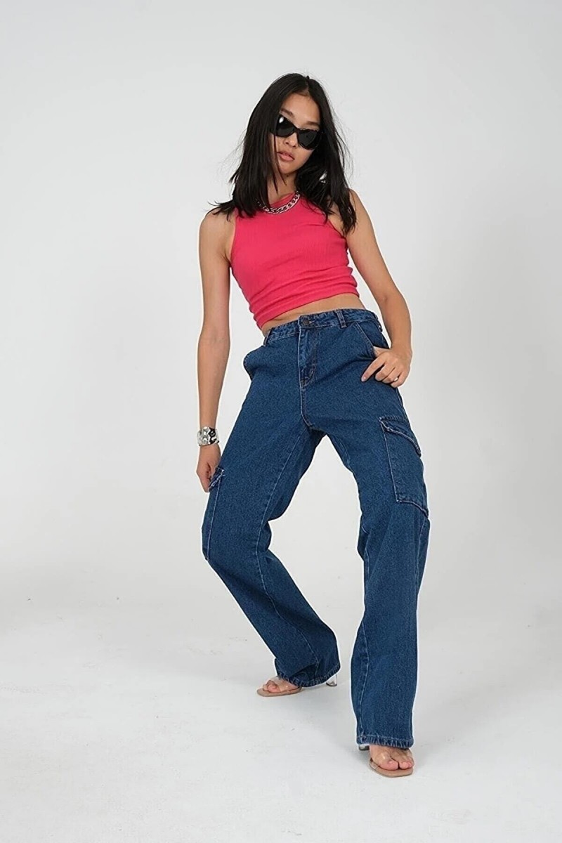 Almira Arka Cepsiz Koyu Mavi Kargo Salaş Likralı Süper Yüksek Bel Jean Pantolon
