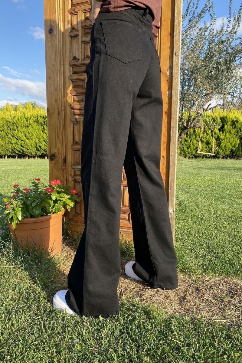 Wooden Likralı Kadın Siyah Süper Yüksek Bel Salaş Paça Salaş Denim Kot Palazzo Salaş