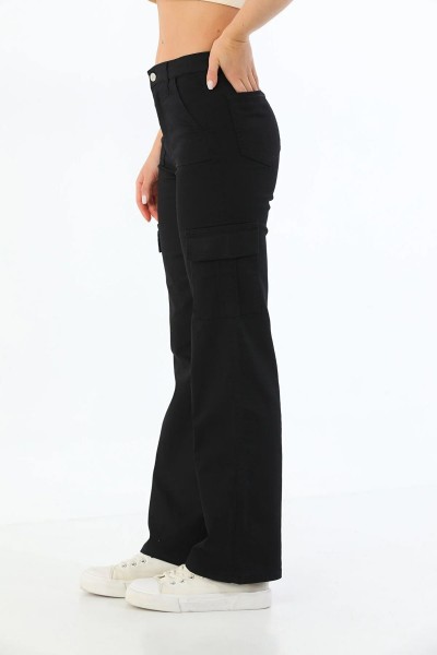 Natalina Kadın Siyah Süper Yüksek Bel Solmaz Likralı Arka Cepsiz Model Kargo Jeans