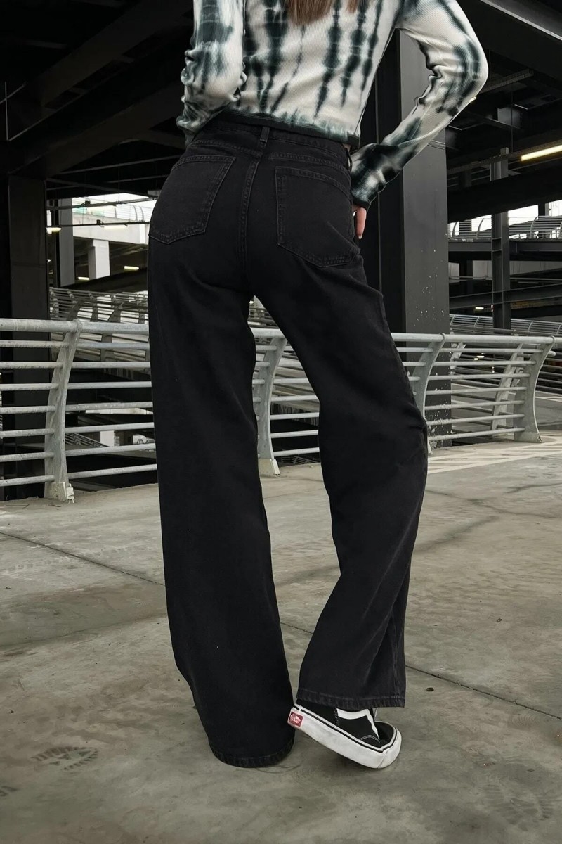 Coin Siyah Likralı Kadın Süper Yüksek Bel Salaş Paça Denim Kot Salaş Pantolon